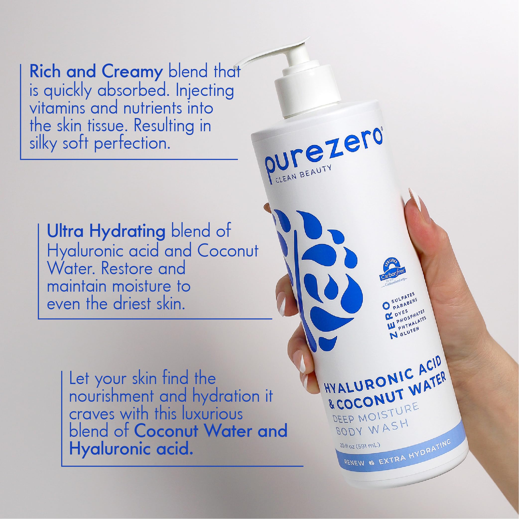 Purezero Hyaluronic Body Wash Deep Moisture - 24hr Lotion Soft Skin Hydration - Moisturizing Skin Cleanser + Coconut Water - No Sulfates, Parabens, Dyes 20 oz